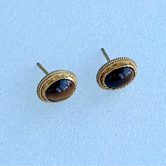 Gold and Brown Oval Stud Earrings - Picture 2 of 5